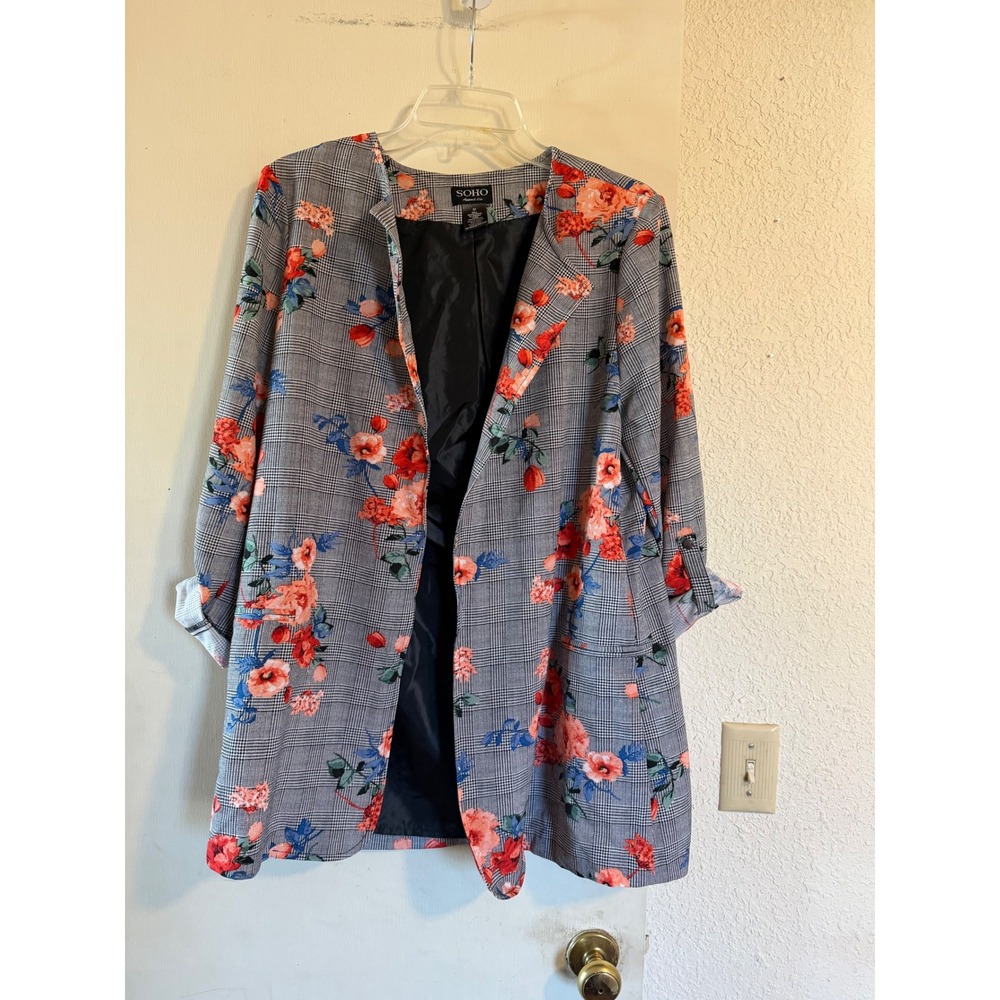 SOHO Apparel Ltd Womens Blazer Jacket Size M Plaid Floral Open Front Long Sleeve - Picture 7 of 7